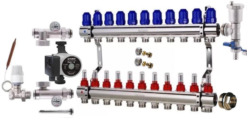 Коллектор для теплого пола KOER 11 контуров комплект прямой (9119881)