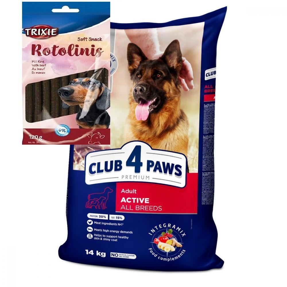 Корм Клуб 4 Лапы Premium Актив для взрослых собак всех пород 14 кг и палочки с говядиной 120 г