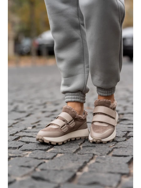 Кроссовки женские кожаные с замшевыми вставками на меху р. 37 24 см Бежевый - фото 6