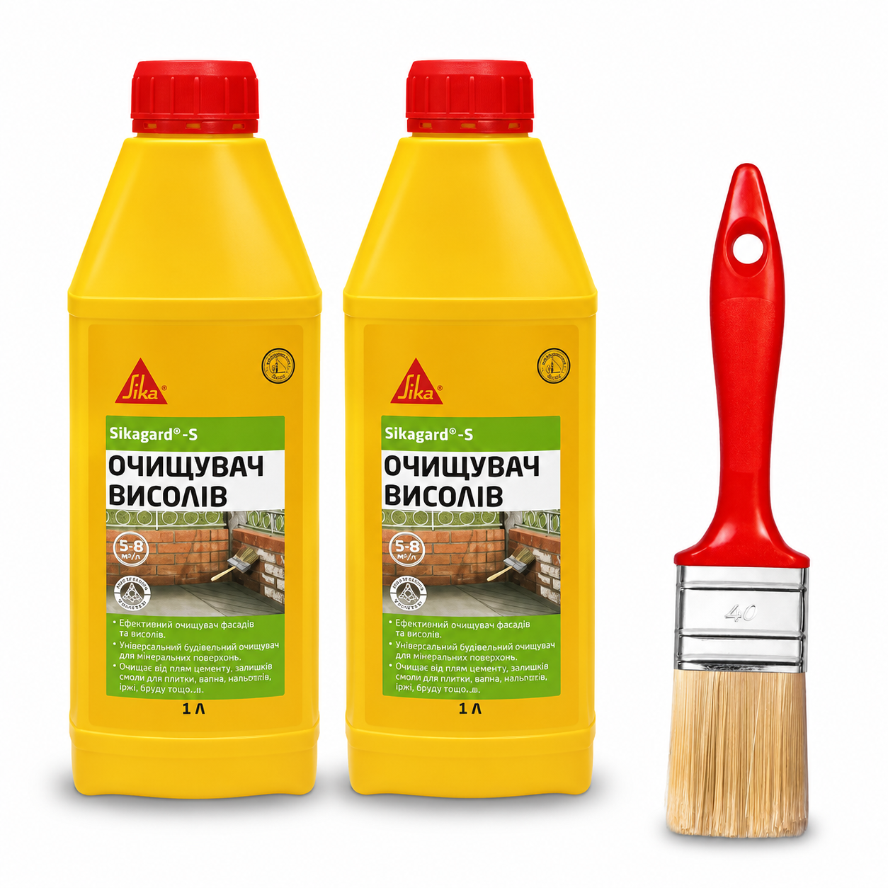 Комплект для очистки высолов от загрязнений Sika Sikagard-S 1 л 2 шт. и кисть Beorol Universal 40х15 мм