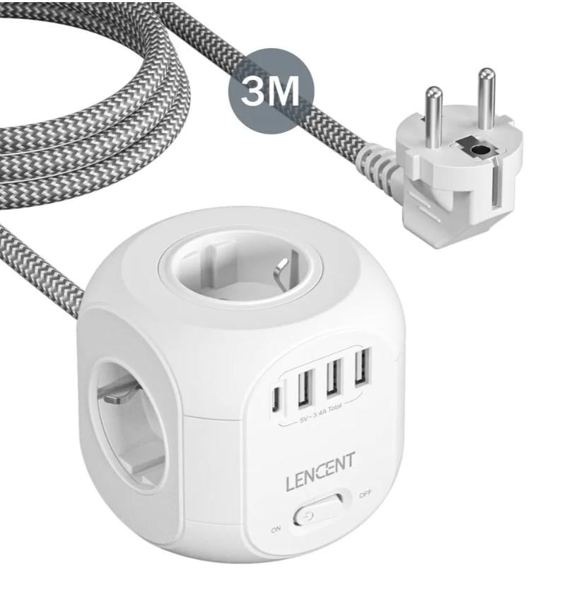 Удлинитель LENCENT с 4 розетками переменного тока 3USB/Type-C 3 м Белый (73999729)