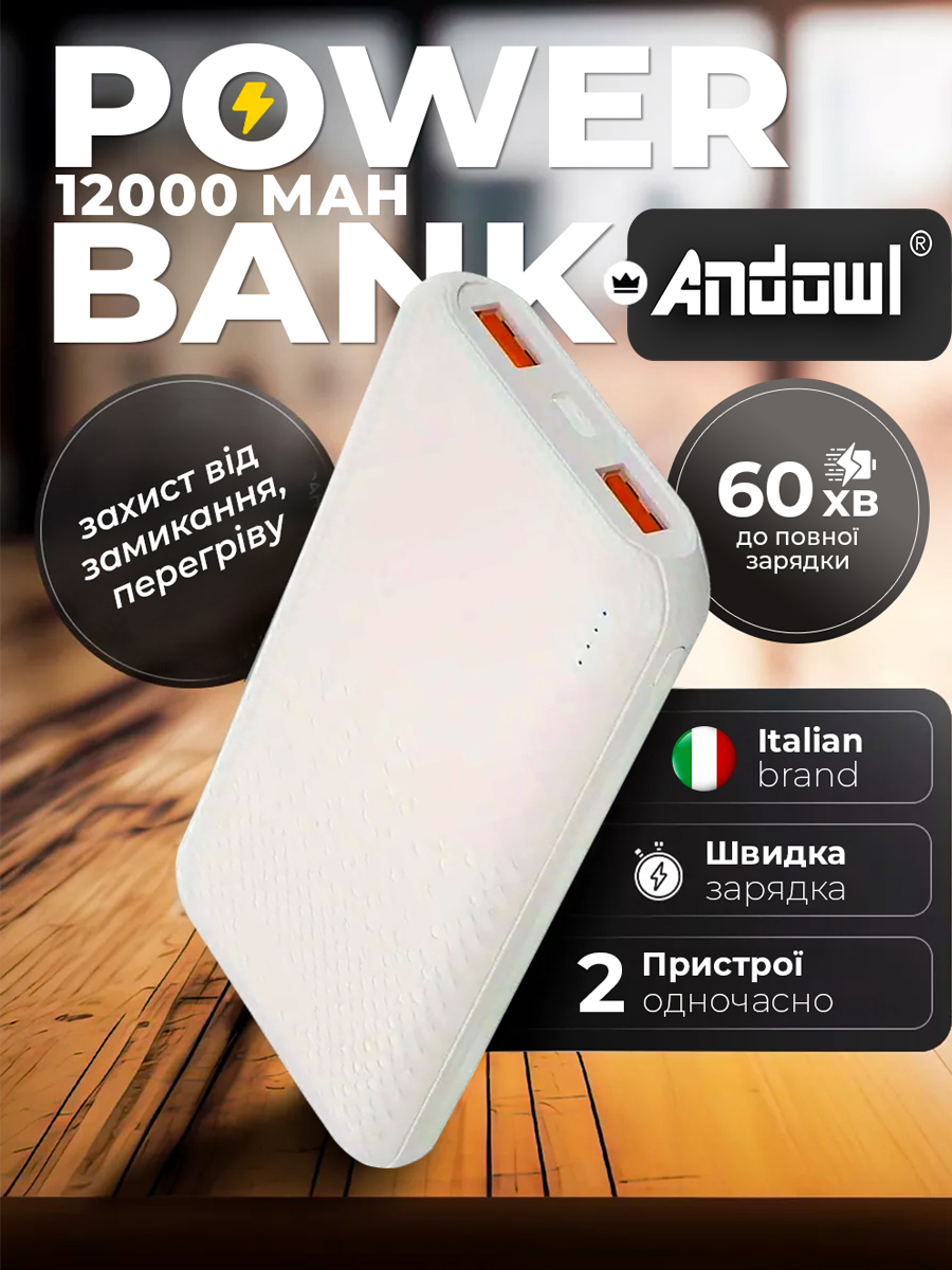 Повербанк Andowl 12000 mAh 3 выхода Q-CD157 Белый (e5f5f8db) - фото 2