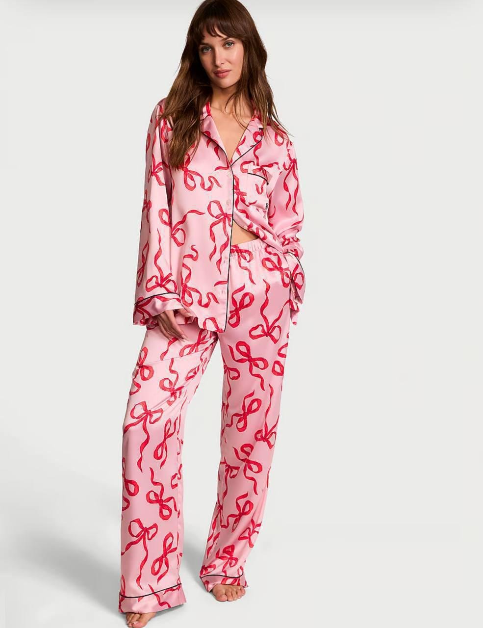 Піжама сатинова сорочка/штани Victoria's Secret Glazed Satin Long PJ Set Regular XL Рожевий (2681245D)
