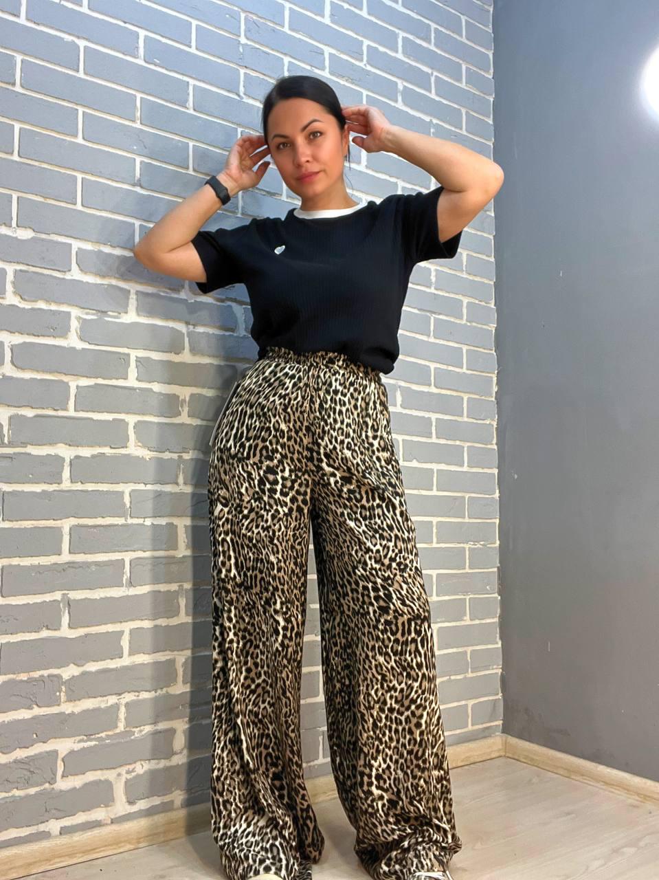 Брюки женские Irel 2080 пояс резинка леопардовый принт широкие палаццо OS Темно-коричневый (2104) - фото 3 Брюки женские Irel 2080 пояс резинка леопардовый принт широкие палаццо OS Темно-коричневый (2104) - фото 3