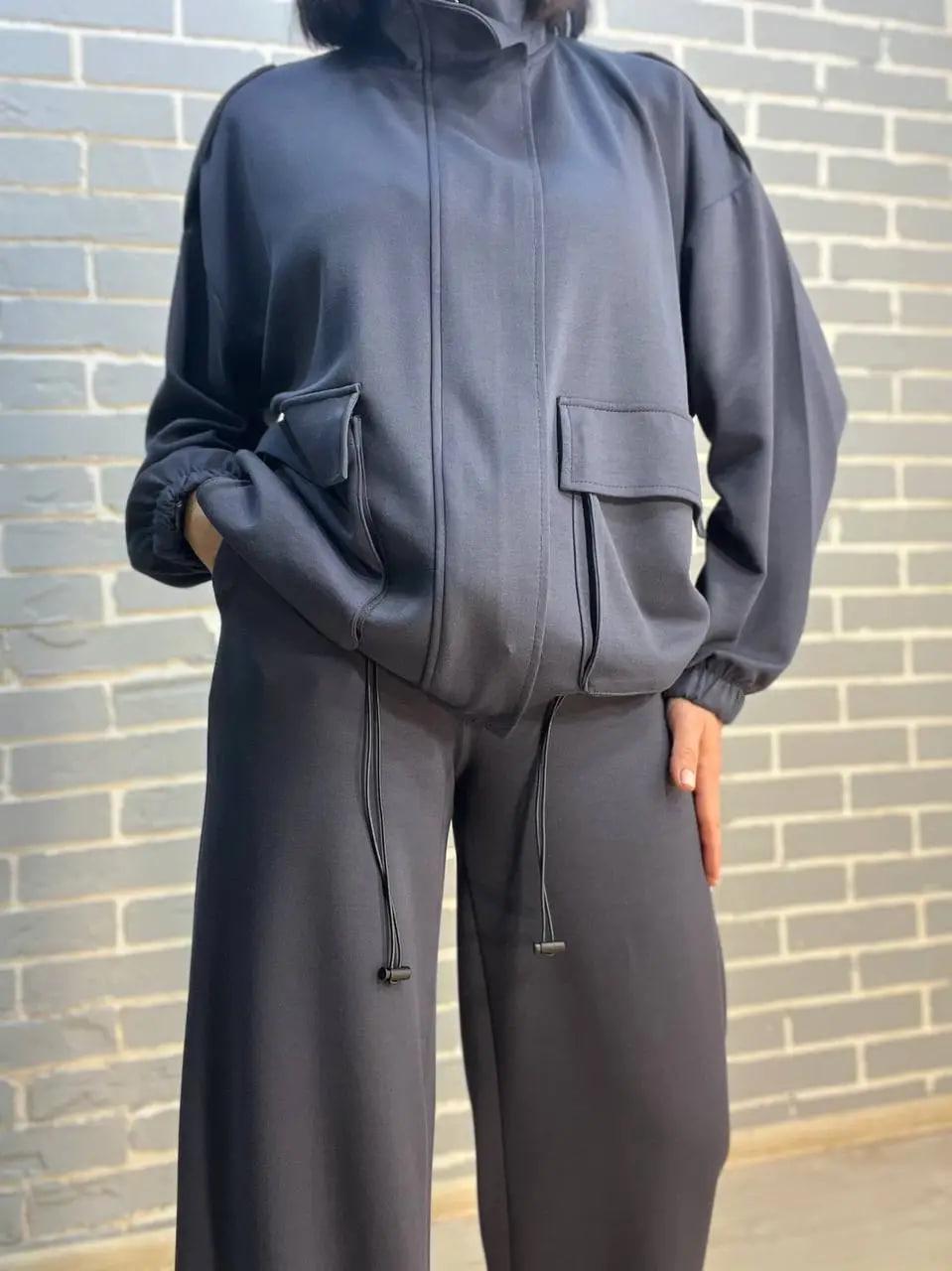 Костюм женский CREP 99231 ткань бифлекс кардиган и брюки палаццо S Графитовый (1463) - фото 5 Костюм женский CREP 99231 ткань бифлекс кардиган и брюки палаццо S Графитовый (1463) - фото 5