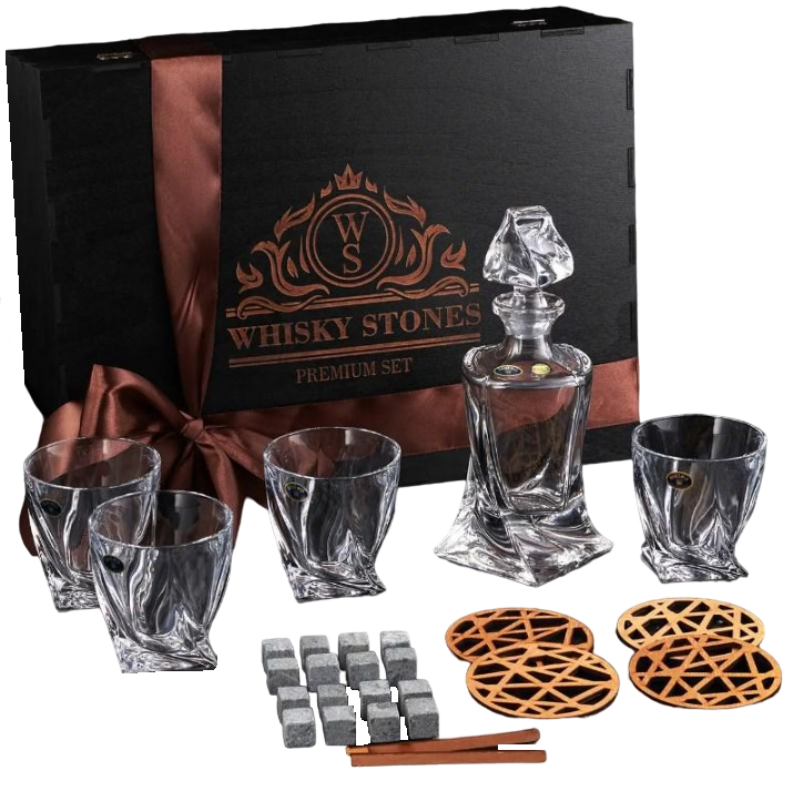 Подарочный набор для алкоголя камни для виски Whiskey Stones 16 шт./4 хрустальных стакана Bohemia Quadro 340 мл и графин 500 мл