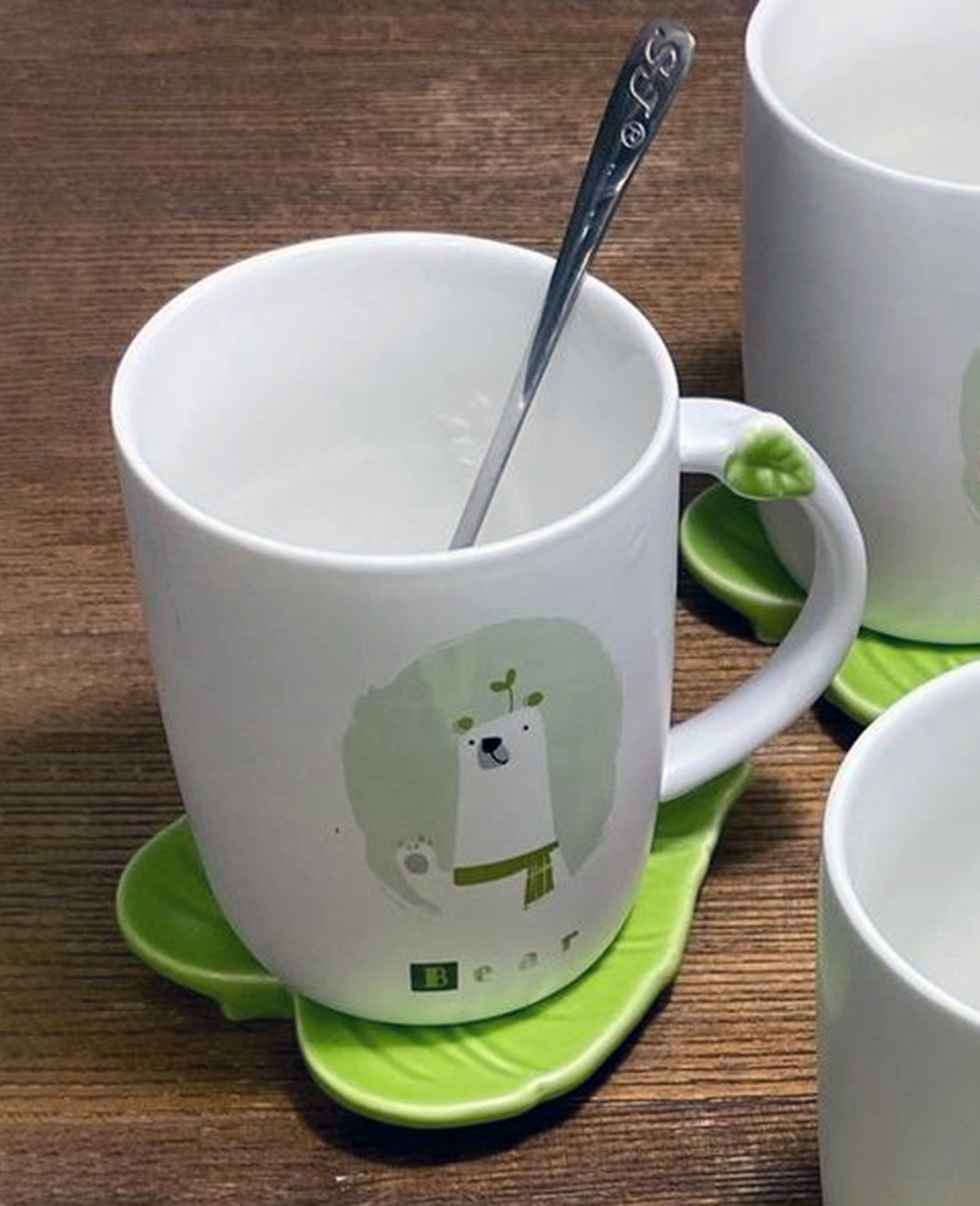 Кружка Зеленый лист/Медведь с крышкой и ложкой 350 мл (21-ведмідь-O8030-57) - фото 5