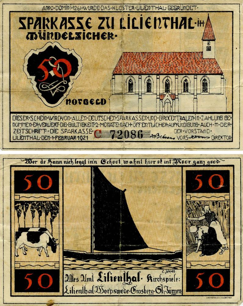 Коллекционная банкнота Германия Нотгельд 50 пфеннигов 1921 F-VF Лилиенталь (Б18706)