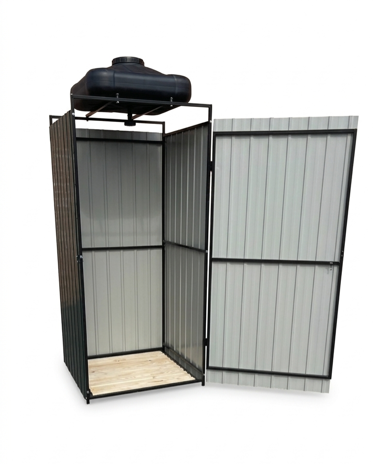 Душ дачный с баком 100 л и лампой/каркас металлический с профнастилом 96х96х210 см