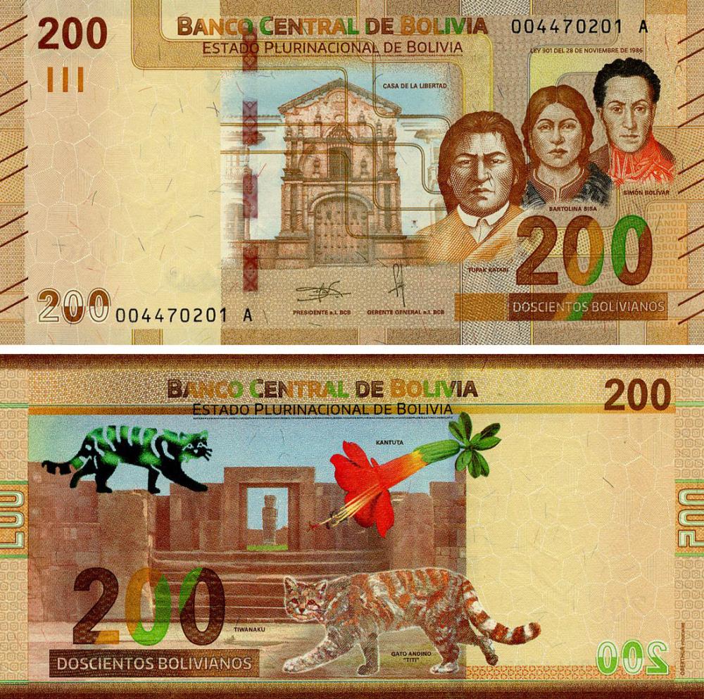 Коллекционная банкнота Боливия 200 боливиано 2018 UNC (PW252)