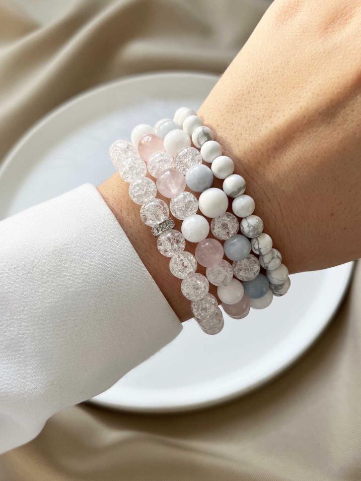 Сет браслетов кварц/аквамарин/кристалл/кахолонг (4621)