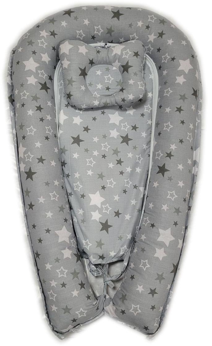 Кокон гнездышко с ортопедической подушкой-бабочка Серый с белыми звездами Кокон гнездышко с ортопедической подушкой-бабочка Серый с белыми звездами