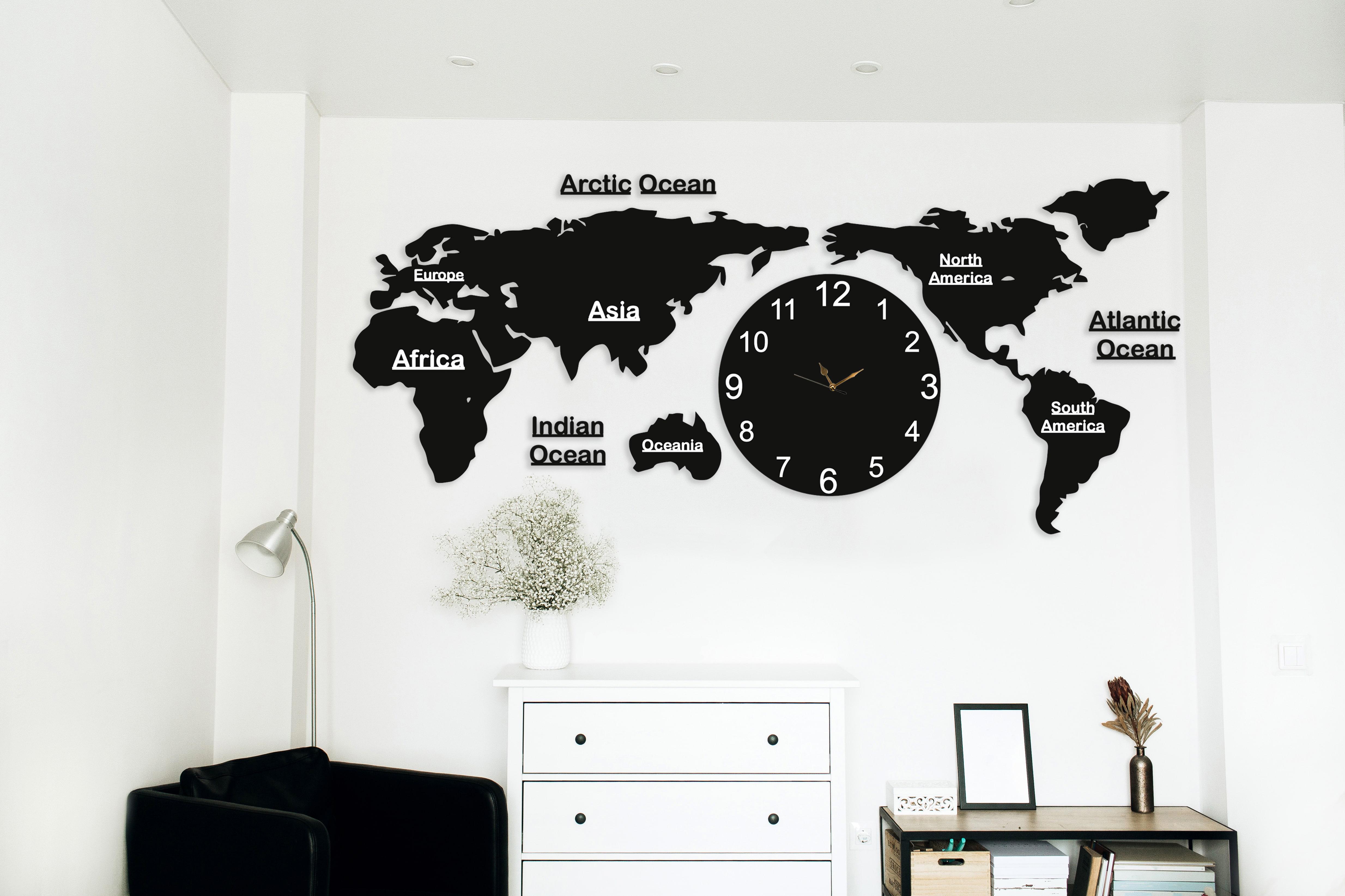 Декоративне панно Карта світу 100х45 см з годинником (01253-чор-100)