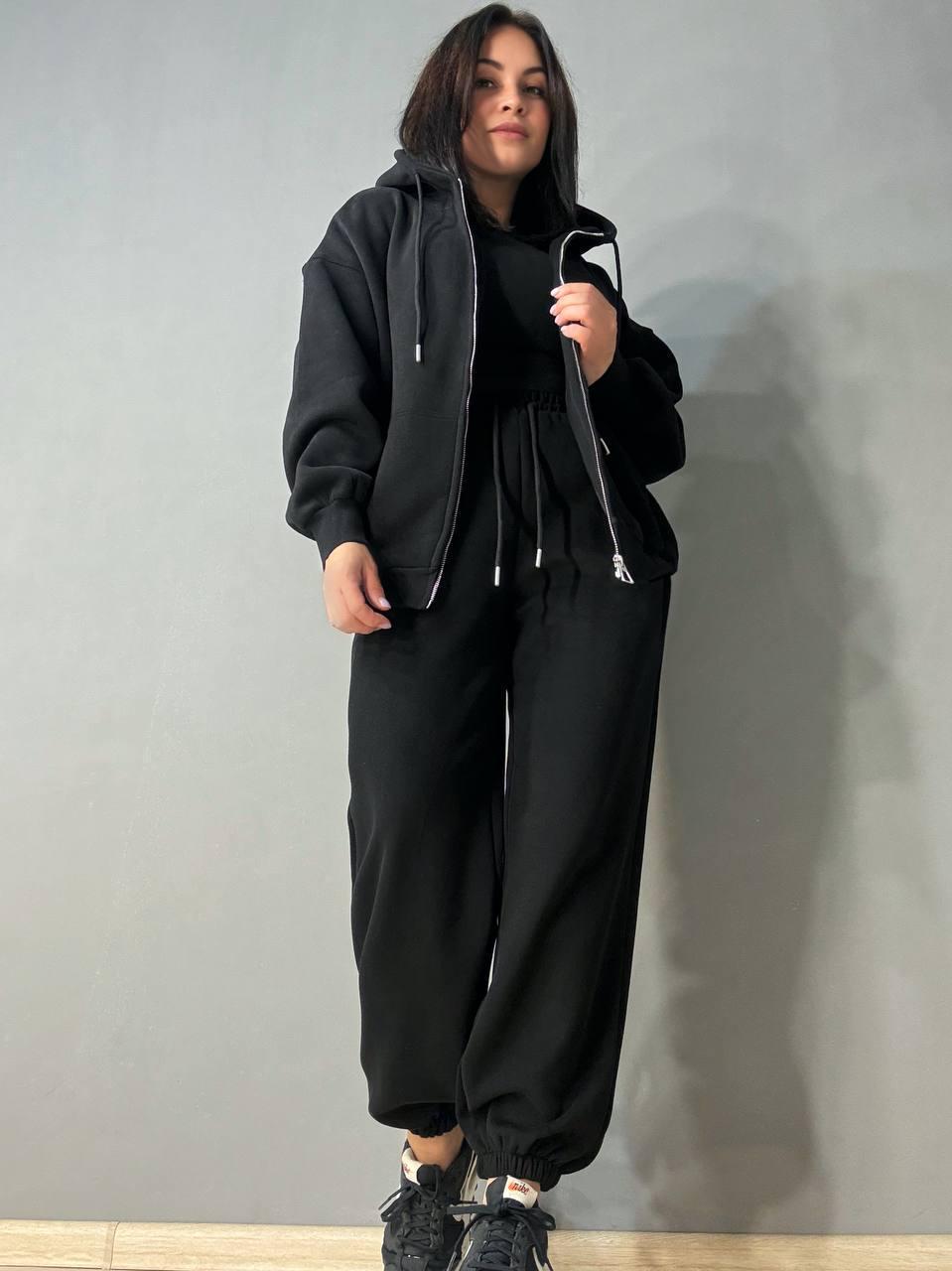 Женский костюм A-N 27066 спортивный оверсайз худые на молнии и джогеры S Черный
