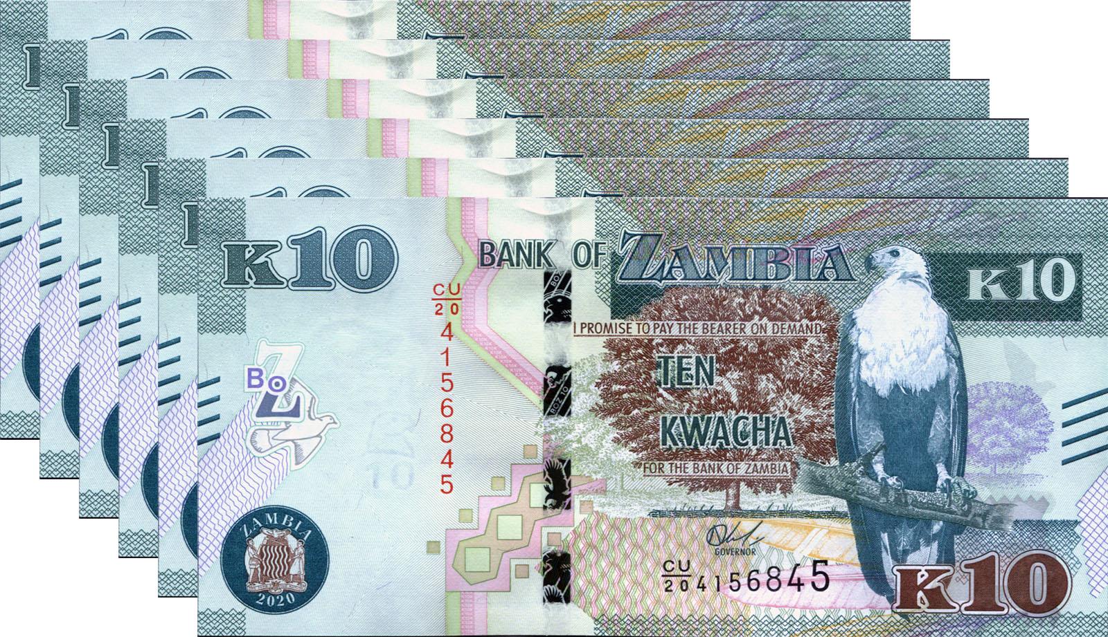Коллекционная банкнота Замбия 2020 10 квач 6 шт. UNC