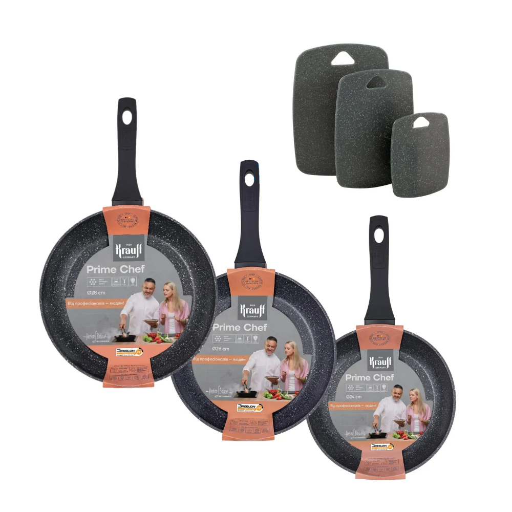 Набор сковородок Krauff Prime Chef 24/26/28 см с кухонными досками Frische (55-333-577)