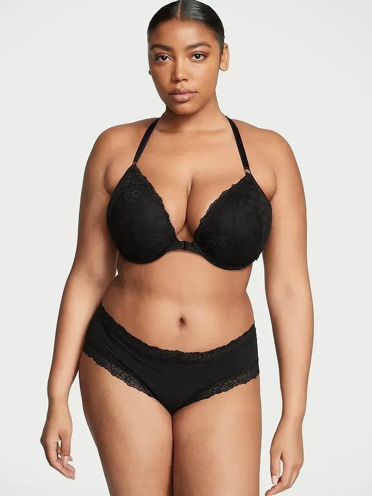 Трусики хлопковые Victoria's Secret Lace-Waist Cotton Cheeky Panty Black L Черный (26825082)
