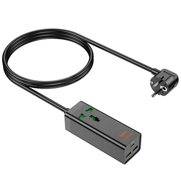 Сетевой фильтр Hoco 1x220V/2хUSB/1хType-C PD QC 30W 1,5М быстрая зарядка для устройств Android/Iphone Черный (AC8A)