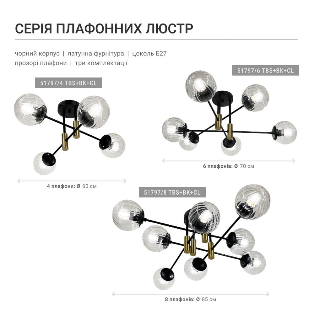 Люстра стельова на 4 прозорих плафони із латунною фурнітурою Чорний (51797/4 TBS+BK+CL) - фото 5 Люстра стельова на 4 прозорих плафони із латунною фурнітурою Чорний (51797/4 TBS+BK+CL) - фото 5