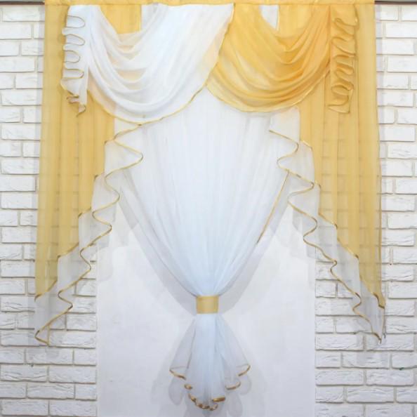 Комплект штор на кухню тюль/ламбрекен шифон 150х170 см Янтарный/Белый (067к)