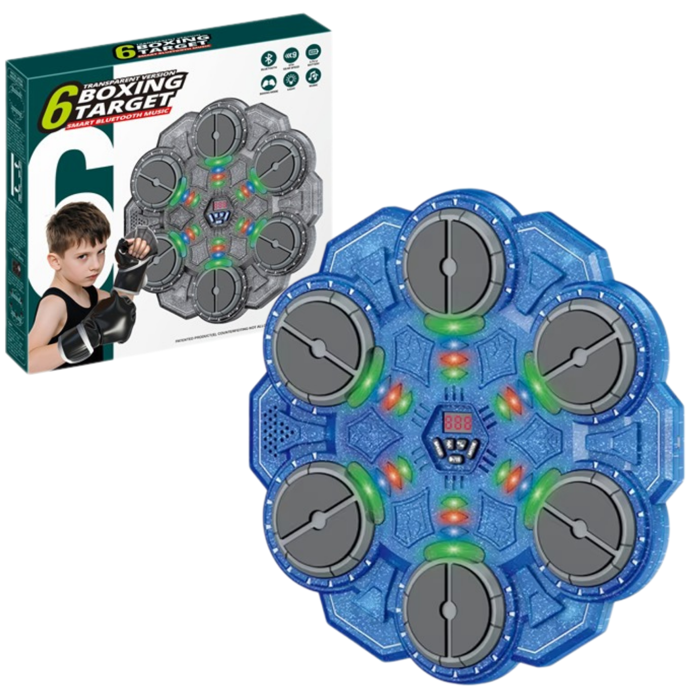 Тренажер для боксу на 6 цілей із рукавичками дитячий інтерактивний акумуляторний музичний з Bluetooth Прозоро-синій
