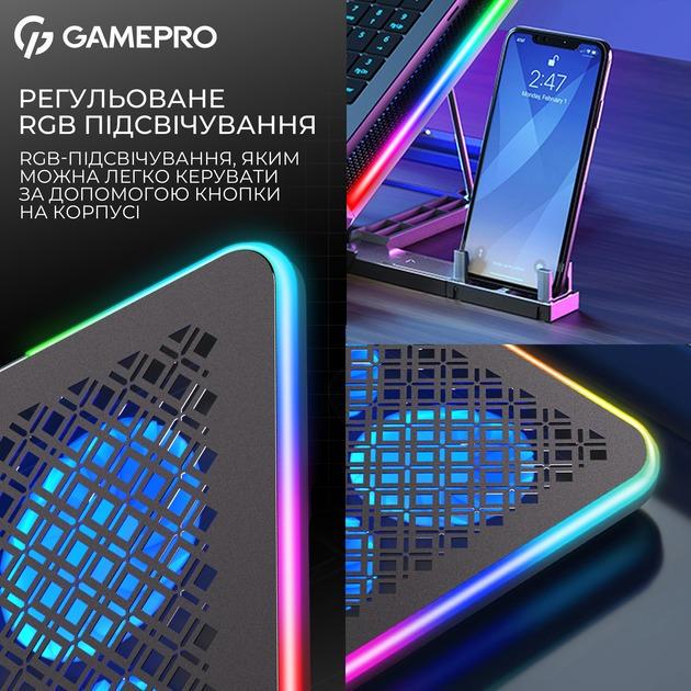 Подставка для ноутбука охлаждающая RGB с подставкой под телефон GamePro CP590 с USB портами 2 шт. Black (CP590) - фото 6