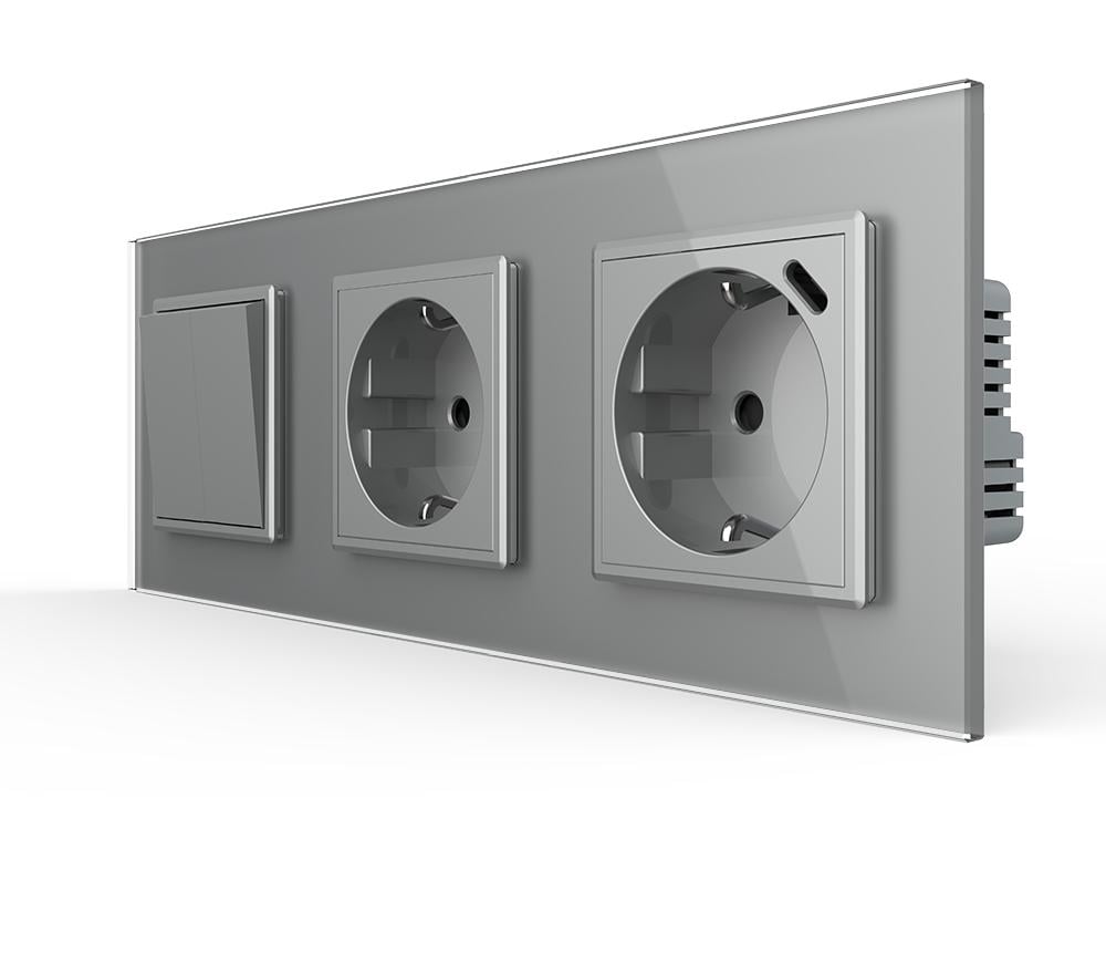 Выключатель перекрестный Livolo 2-клавишный с розеткой USB Type-C 18Вт с заземлением стекло Серый
