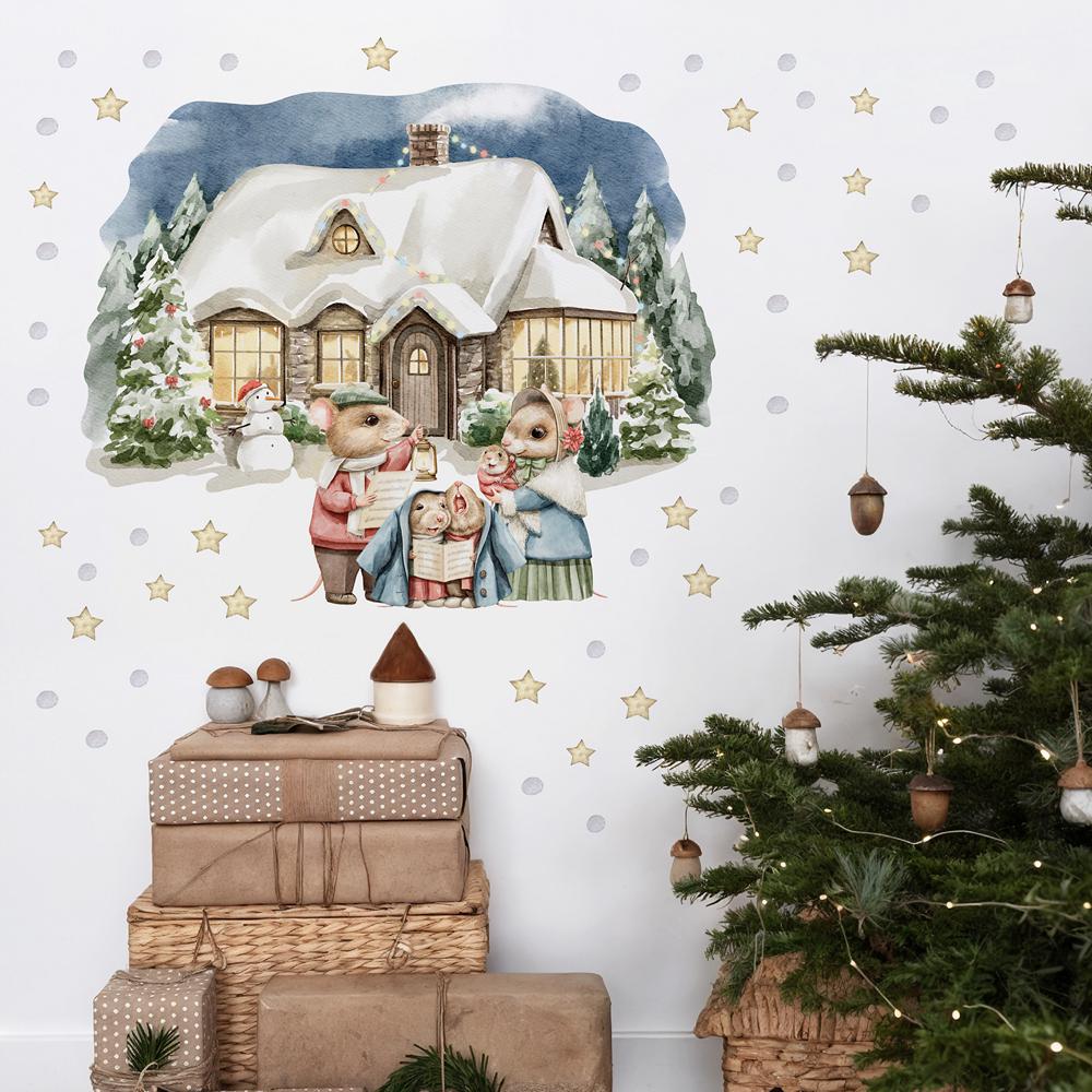 Наклейки декоративные новогодние на стену и окна LIPKO Дом с мышатами M (806M)