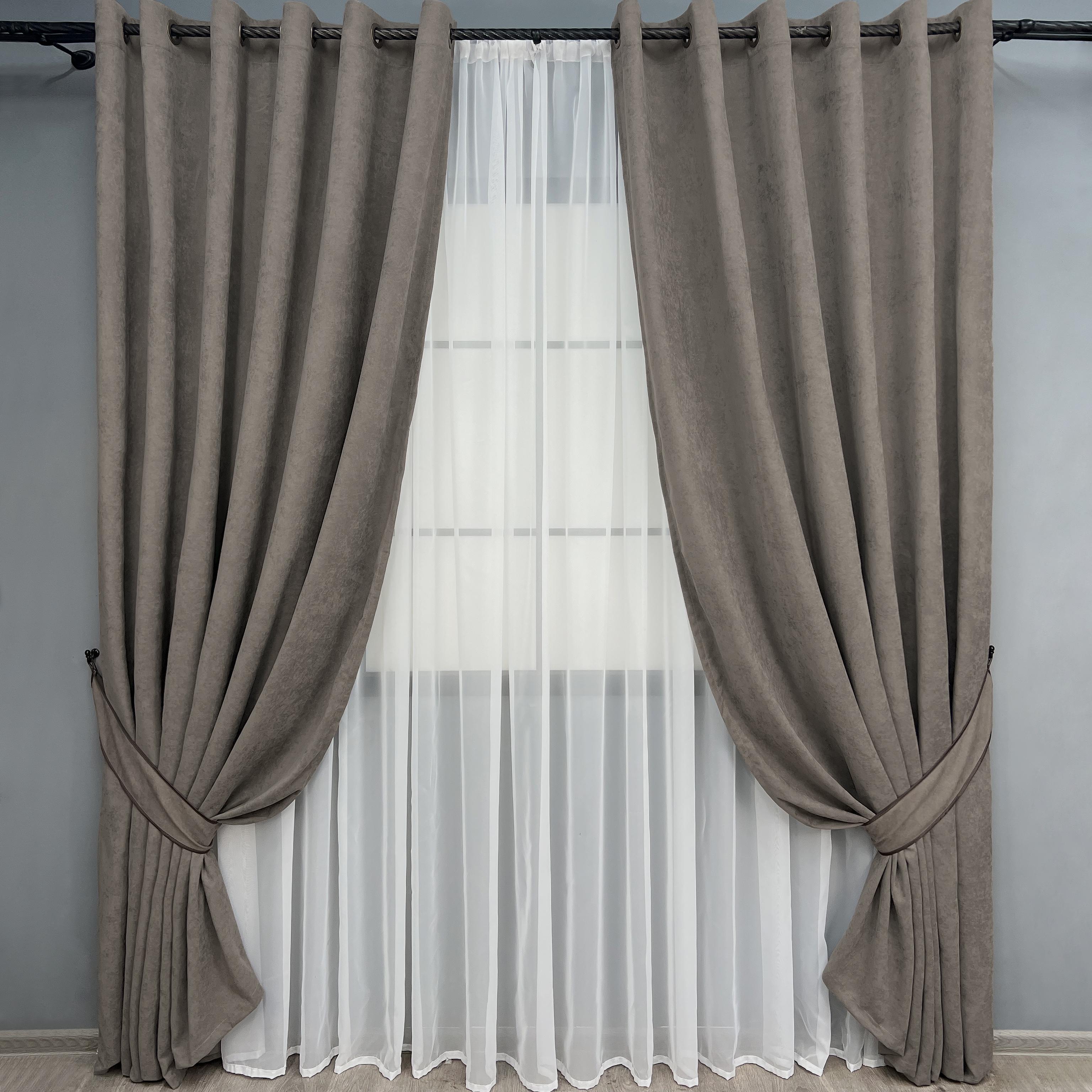 Комплект штор на люверсах VR-Textil Микровелюр Petek YL №1710ш 200х250 см 2 шт. Серо-коричневый (37-0323)