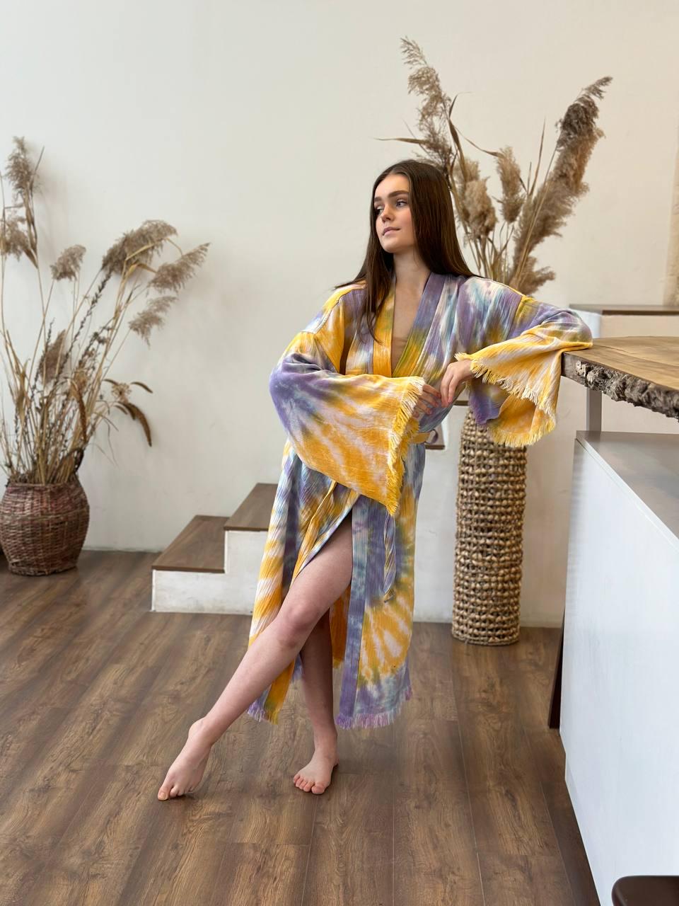 Халат-кимоно женский one size Желтый/Фиолетовый - фото 5