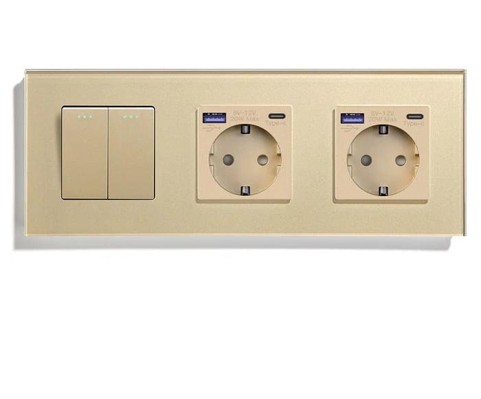 Выключатель перекрестный LUXION 2-клавишный с двумя розетками USB A+C 20Вт с заземлением стекло Золотой