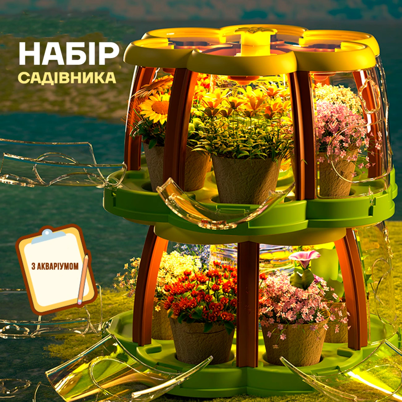 Детский комплект для выращивания растений "Маленький садовник" с двухэтажной мини-теплицей и аквариумом - фото 2