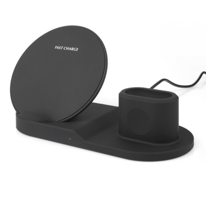 Беспроводная зарядка Wireless Charger 3в1 для смартфона/смарт-часов/наушников с защитой Черный (DR017212)