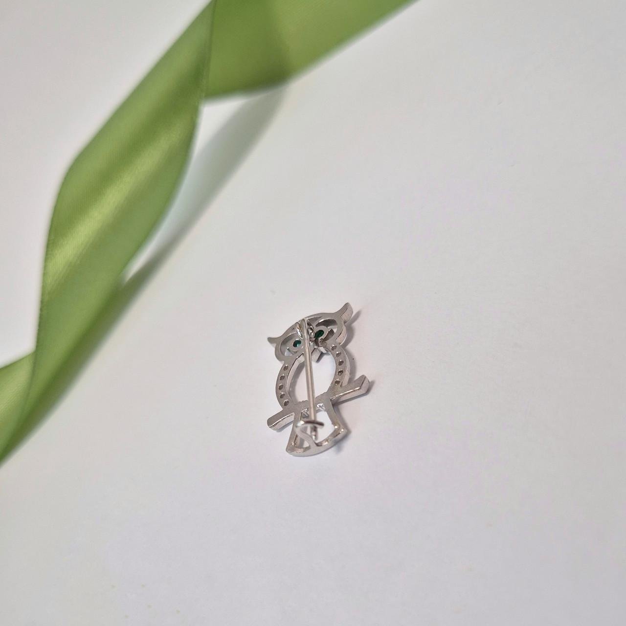 Срібна брошка Сова із Зеленими очима 925 проби родоване 1,80 г (7048r) - фото 3