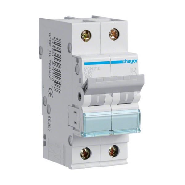Автоматический выключатель Hager 2 полюса 6 kA тип C 16A MCN216 (74269)
