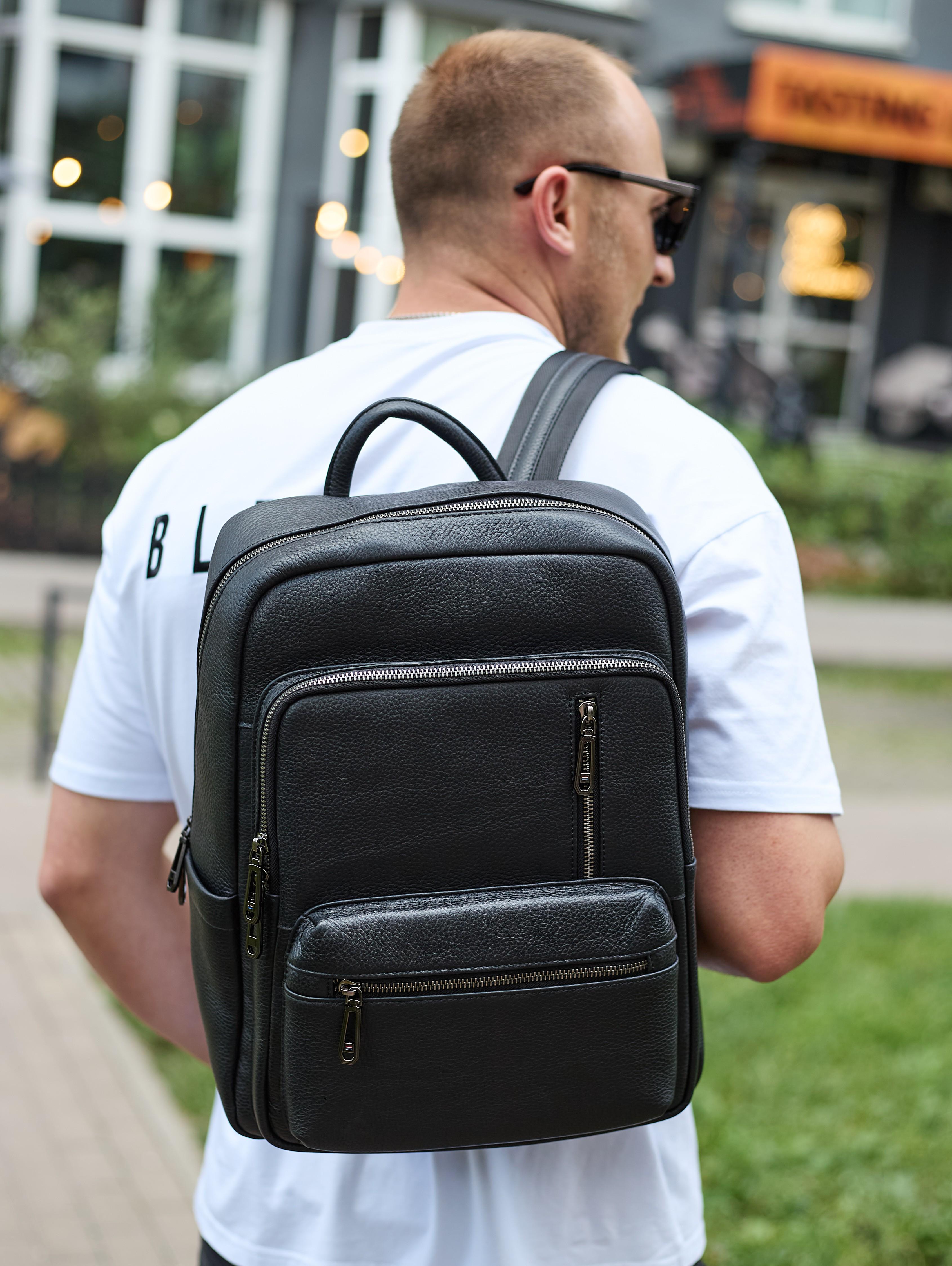 Городской рюкзак мужской кожаный Tiding Bag 40х30х18 см Черный