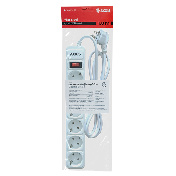 Фильтр-удлинитель сетевой Axxis Optima Base 6 1,8м провод 3х0,75 кв. мм White (ax-1261) - фото 2 Фильтр-удлинитель сетевой Axxis Optima Base 6 1,8м провод 3х0,75 кв. мм White (ax-1261) - фото 2