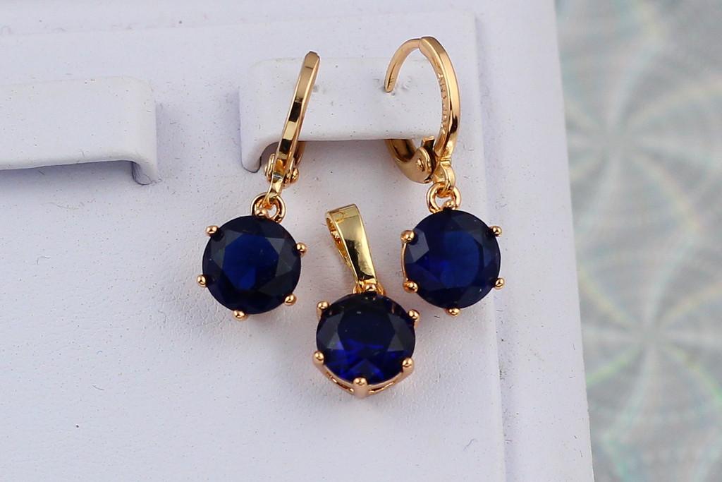 Набір сережки та кулон Xuping Jewelry з синім каменем 8 мм Золотистий (1664171089)
