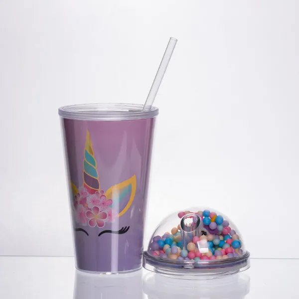 Склянка багаторазова Єдиноріг з кришкою та трубочкою 400 мл Фіолетовий (HP-18-2V) - фото 2