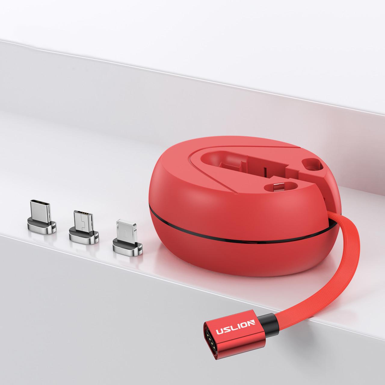 Кабель-рулетка магнітний Uslion US0156 3в1 MicroUSB/Type-C/Lightning Red - фото 1