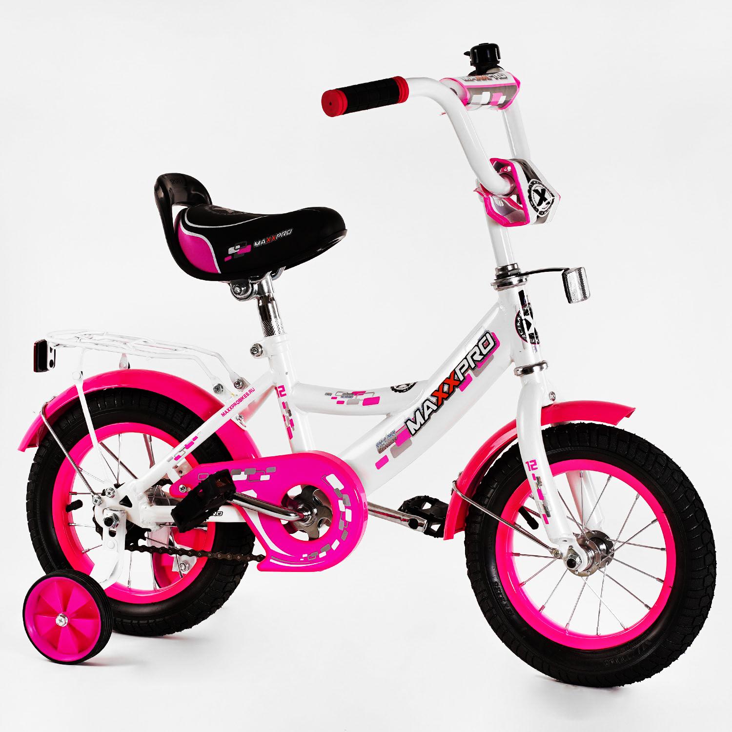 Велосипед детский Maxxpro 12" с колокольчиком и багажником White/Pink (116711)