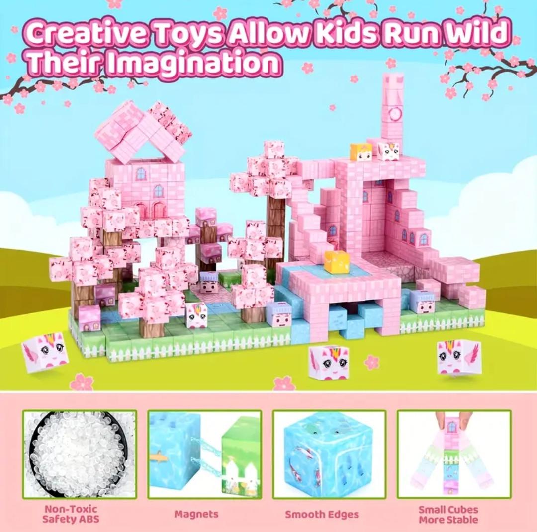 Конструктор магнітний Майнкрафт Рожевий замок з озерцем та рибками 108 кубиків - фото 4 Конструктор магнітний Майнкрафт Рожевий замок з озерцем та рибками 108 кубиків - фото 4