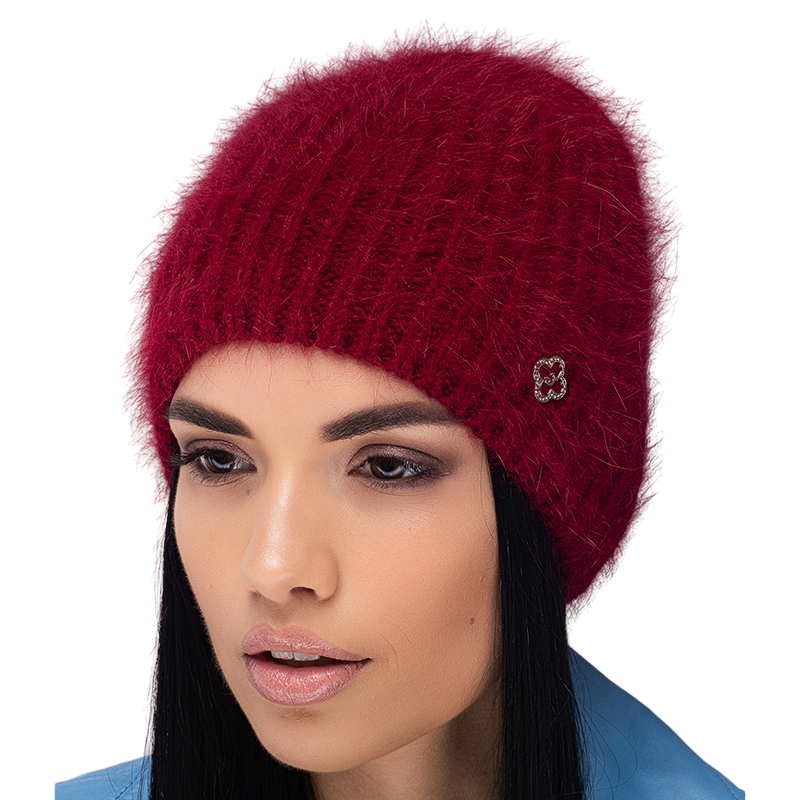 Шапка ангоровая женская Leks МИЛЕДИ без отворота утепленная флисом зимняя one size Вишневый