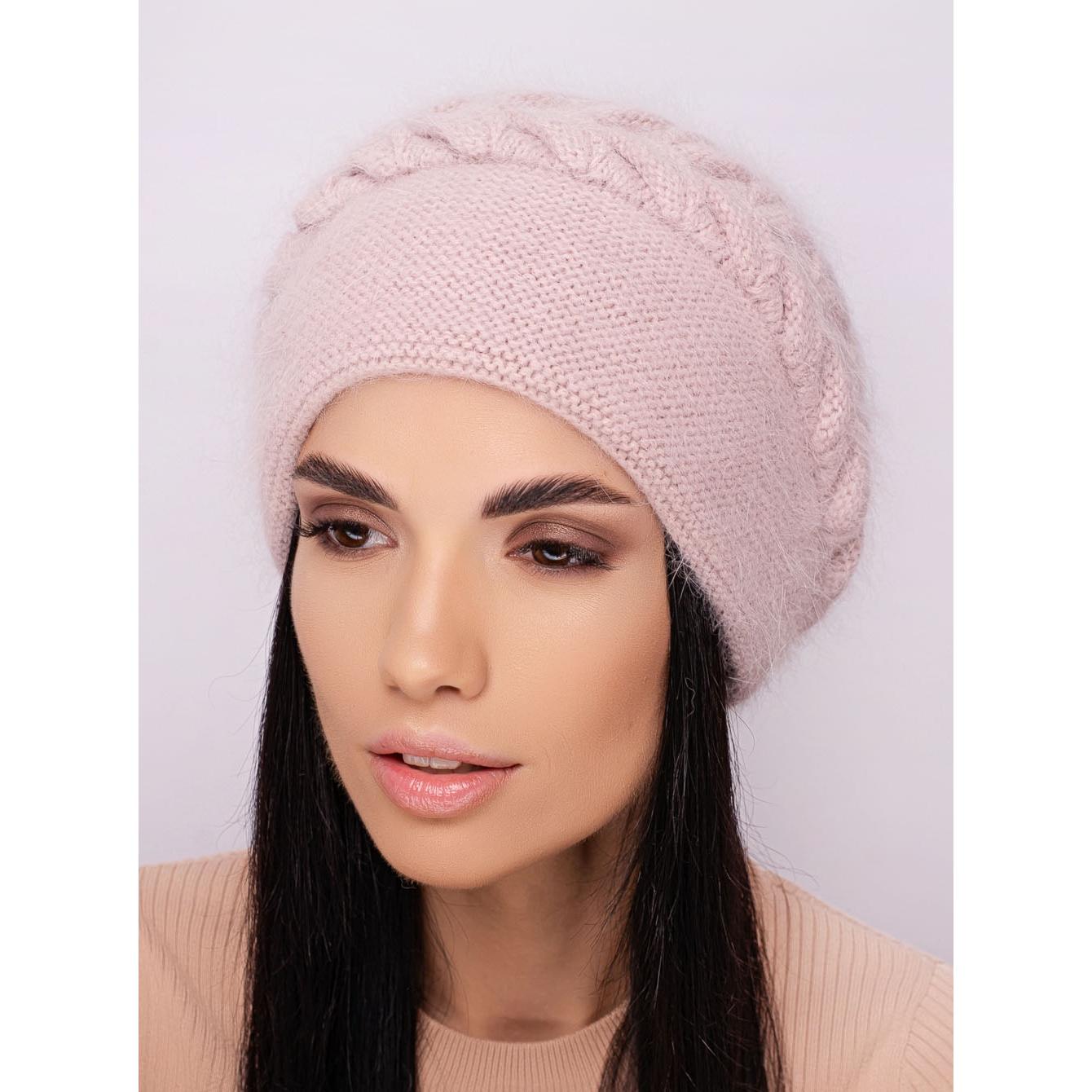 Шапка женская ангоровая двойная с объемным узором зимняя Leks Ванесса Пудровый - фото 1