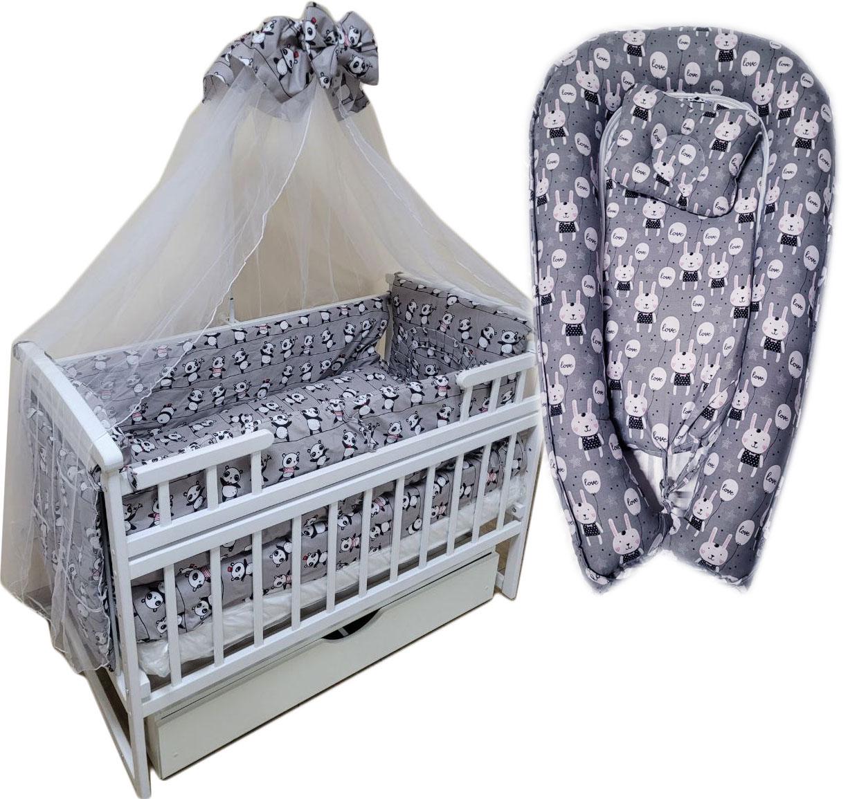 Постельный набор Панда с коконом и ортопедической подушкой 11 эл. Серый