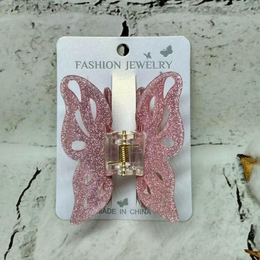Краб для волос Бабочка ажурные крылья блестящий заколка зажим 6,5х5 см Розовый (11718-4)