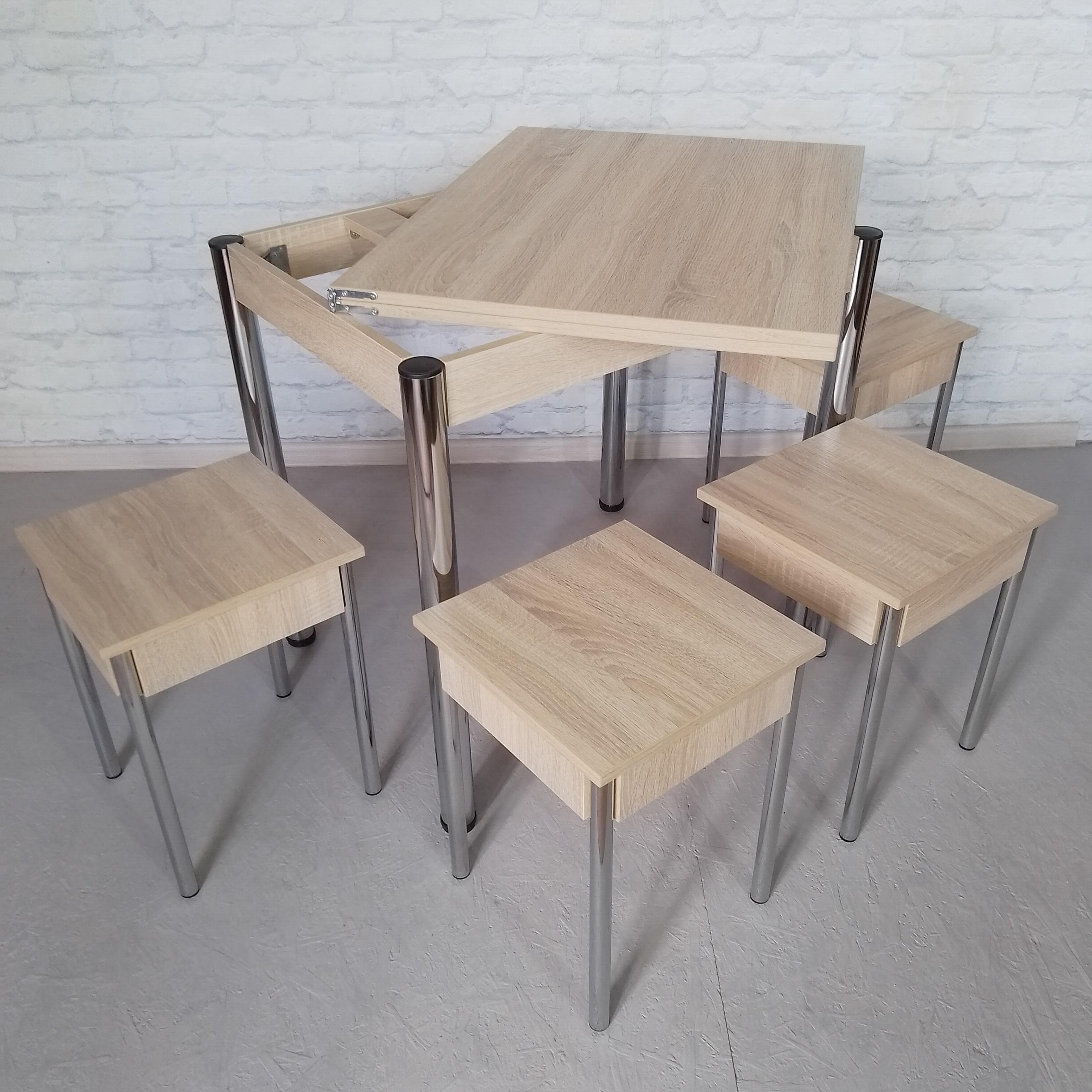 Обеденный стол раскладной и 4 табурета Вента ножки металлические 80х60х75 см/120х80х75 см Дуб сонома/Хром (0052) - фото 3 Обеденный стол раскладной и 4 табурета Вента ножки металлические 80х60х75 см/120х80х75 см Дуб сонома/Хром (0052) - фото 3