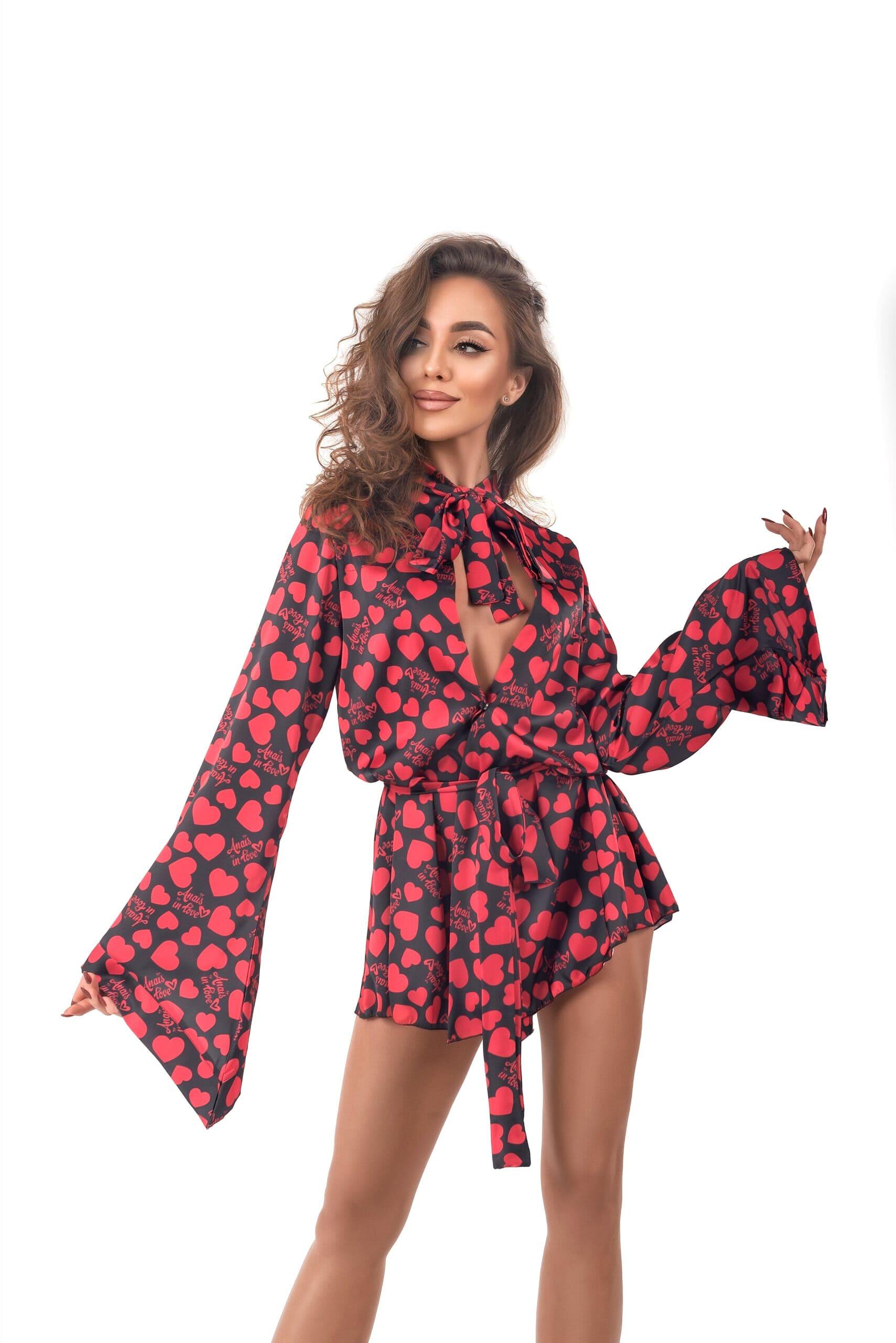 Пеньюар атласный Anais Morgan short robe с сердечками L/XL Красный (97299) - фото 5