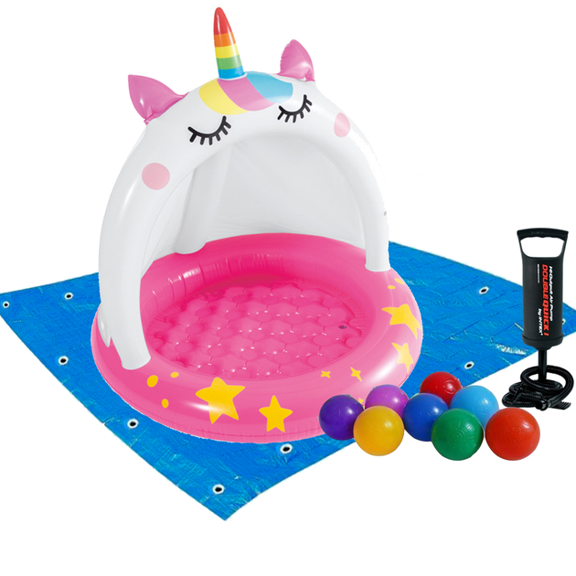 Басейн надувний дитячий Intex Єдиноріг вініловий з навісом/насосом/підстилкою та кульками Біло-рожевий (21-9-58438-2)