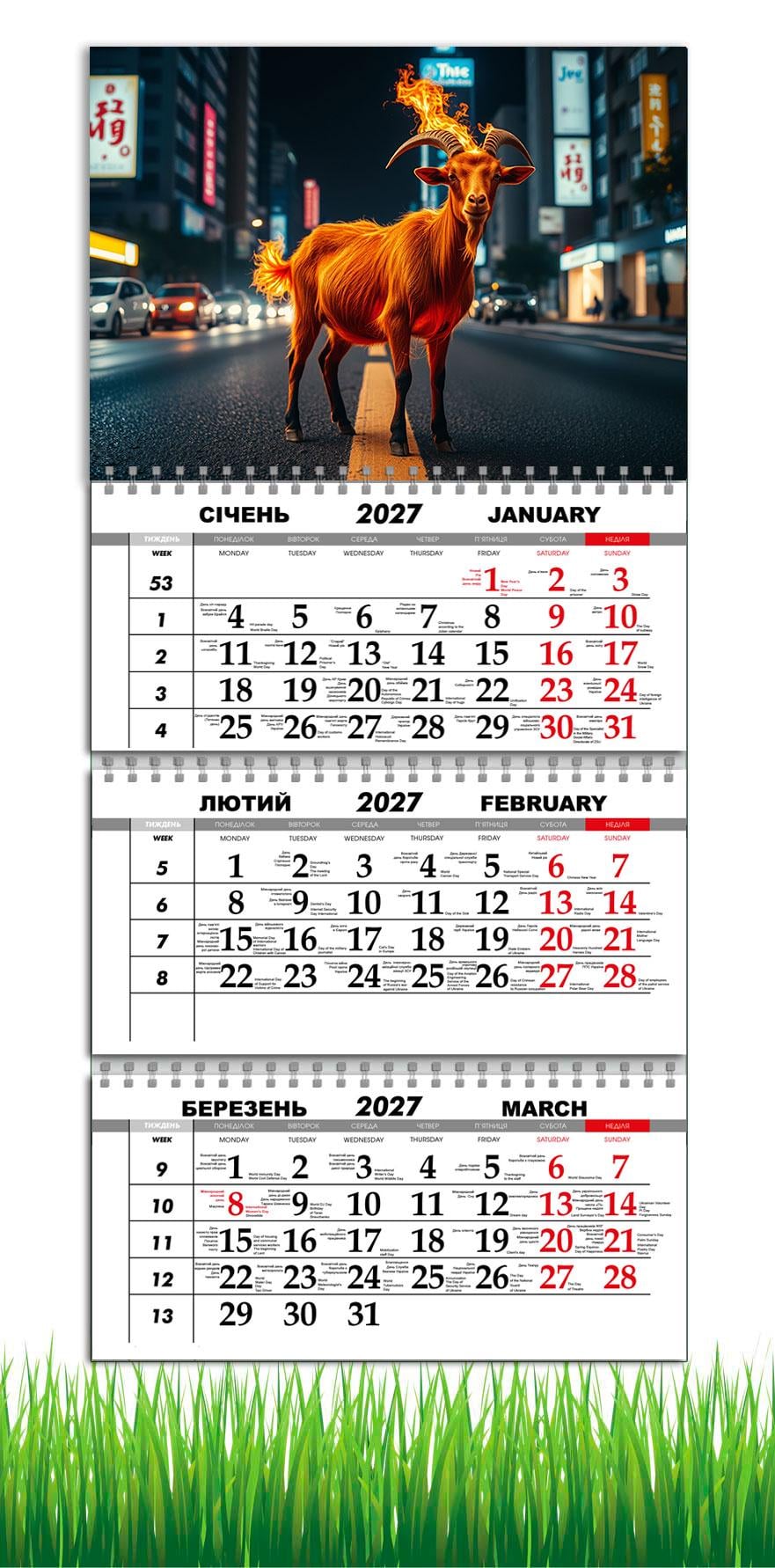 Календарь настенный квартальный на 2027 год APRIORI символ года Коза 30х61 см (36489989)